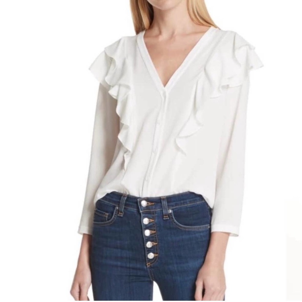 VERONICA  BEARD RUFFLED Shoulder & Button-Front V-Neck Blouse SZ 6 Off-White